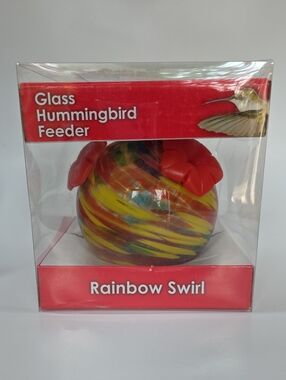 New In Box Hummingbird Feeder Handblown Round Glass Rainbow Swirl (Dented Box)